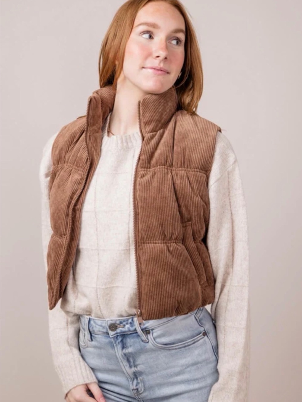 Corduroy Puffer Vest - Brown